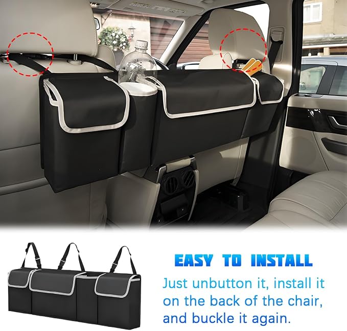 Car Trunk Organizer with Lid, Large Waterproof Vehicle Backseat Hanging Storage Bag with 4 Pockets & Adjustable Straps, Collapsible Automotive Interior Cargo Bag, Universal Fit (Black)