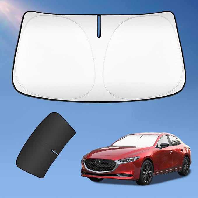 Sun Shade Sunshade for Mazda 3 2019-2025 2026 Windshield Cover, 4-Layers Sun Shield for Mazda 3 Hatchback/Sedan 250T Silver Coating Sun Visor Foldable Window Shade Blocks UV Rays Car Accessories