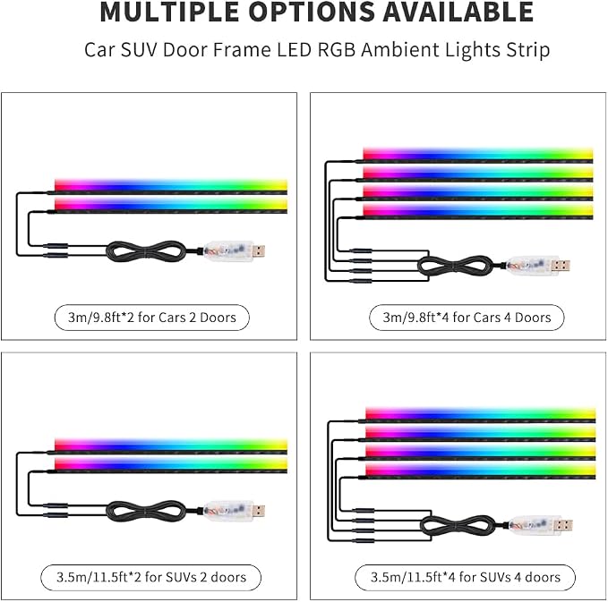 Car SUV Door Frame Ambient Light Lighting, Car Door Ambient Lights LED RGB, Automotive Auto Interior USB Neon Accent Lights Strip Accessories, App Remote Control Music Sync, Acrylic, 4 Pack*9.84ft
