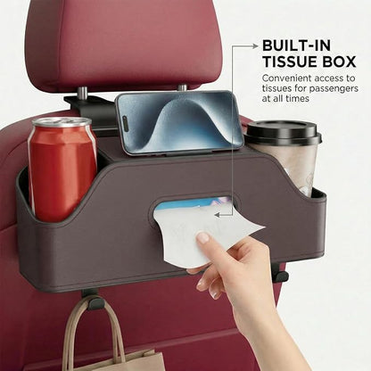 Car Backseat Headrest Organizer, Multifunctional 4-in-1 Back Seat Tissue Box with Cup Holders Hooks, Auto Seat Back Storage Organizer for Hold Phones, Drinks, Bags, Universal Fit (Brown)