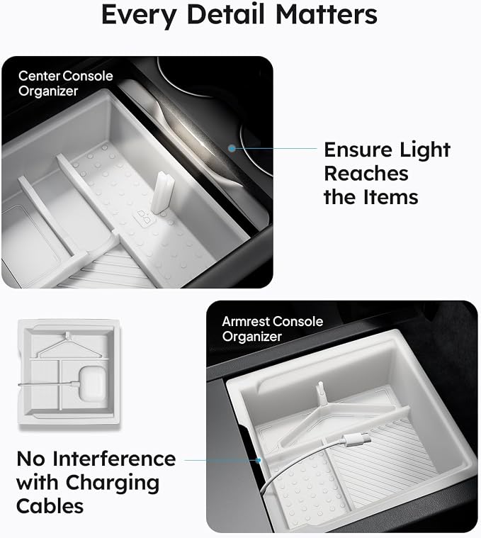 Wigoo Center Console Organizer for Tesla Model Y Juniper (Only Premium & Performance 2025 2026) and All Model 3 Highland Accessories [Double-Layer Storage, Smooth Sliding] 4PCS White