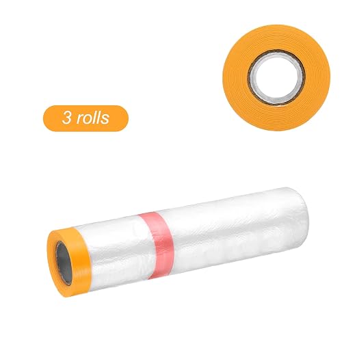 HARFINGTON 3 Rolls Pre-Taped Masking Film 126" x32.8ft Double Adhesive Tape and Drape Painters Plastic Drop Cloth Film with Tape Plastic Sheeting for Automotive Painting Covering