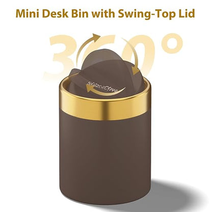 Countertop Trash Can with Lid for Desk Top,0.4 Gallon Stainless Steel Mini Trash Can for Desk、Car、Office、Kitchen,Swing Top Trash Bin with a Roll of Trash Bag(Brown)