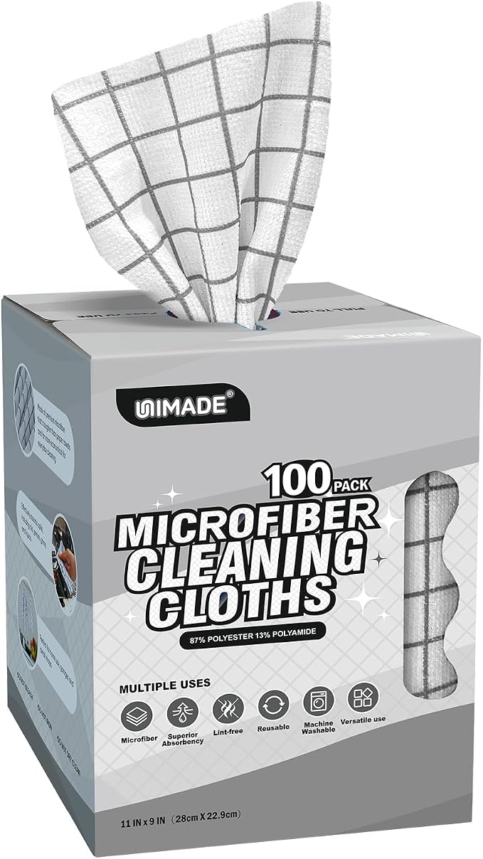 UNIMADE Microfiber Cleaning Cloths, 100 Sheets Reusable Kitchen Towels & Dish Cloths, Lint-Free Absorbent Cleaning Rags, Bulk Kitchen Cleaning Cloths for Household & Restaurant, 11" x 9", Grid Pattern