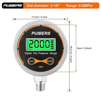 Digital Oil Pressure Gauge 1/4 NPT 200 PSI，Media Oil, Air or Water Pressure Gauge 304 Stainless ±0.25% Accuracy,Suitable for Home Water Pipe, HVAC,Air Pressure Measuring