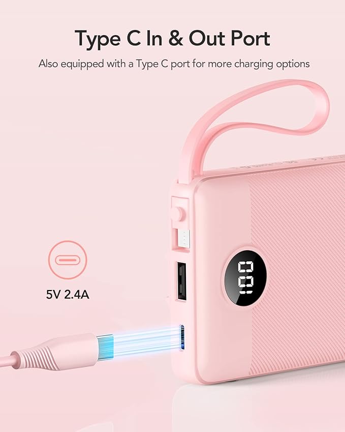 VRURC Portable Charger Power Bank, Built-in 4 Cables & 2 Ports,10000mAh Slim Battery Pack with LED Display, Travel Essential USB C Portable Phone Charger for All Cell Phones Devices-Pink(1 Pack)