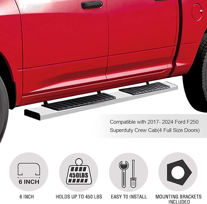 COMNOVA Pair Running Board Nerf Bar Compatible with 17-26 Ford F250 Superduty Crew Cab(4 Full-Size Doors) Side Steps, Width 6 Inch H Style Truck Step Nerf Bars Side Step Black.