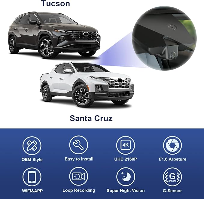 Fitcamx 4K Dash Cam Adapts for Hyundai Santa Cruz & Tucson 2022-2026 (Part NO#N9000), OEM Factory Look, UHD 2160P Video, Built-in WiFi & APP, Loop Recording, G-Sensor, Easy to Install, 64GB Card