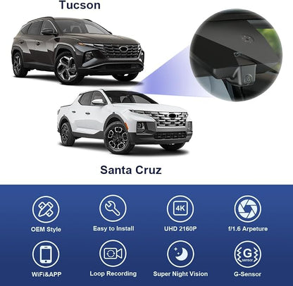 Fitcamx 4K Dash Cam Adapts for Hyundai Santa Cruz & Tucson 2022-2026 (Part NO#N9000), OEM Factory Look, UHD 2160P Video, Built-in WiFi & APP, Loop Recording, G-Sensor, Easy to Install, 64GB Card