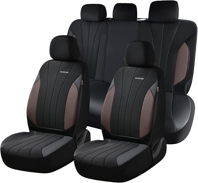 Coverado Seat Covers 5 Seats, Luxury Car Seat Covers Full Set, Automotive Car Protectors, Coffee Auto Seat Covers, Car Accessories Universal Fit for SUVs, Trucks, Sedans