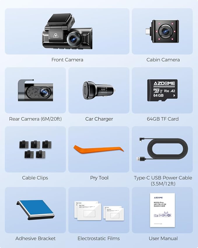 AZDOME 3 Channel Dash Cam Front and Rear Inside, 4K+1080P+2.5K ADAS Dash Cam, 3.19'' IPS Car Camera, 5.8G WiFi GPS Dash Cam for Cars, Voice Control, Night Vision, 24/7 Parking Mode, 64GB Card M550 Pro
