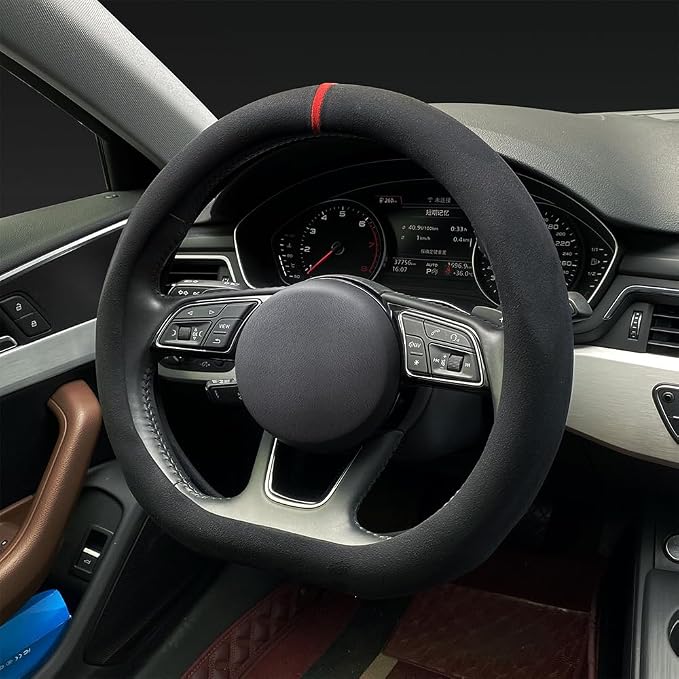 Carodi Suede Steering Wheel Cover ，Non-Slip Leather Car Interior Fitting 15-inch Universal（D-Shape,Black red Label）