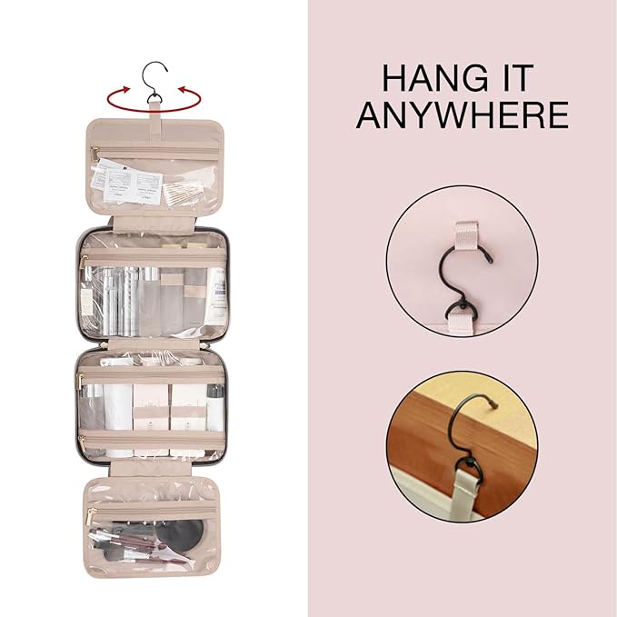 BAGSMART Toiletry Bag Travel Bag with Hanging Hook, Water-resistant Makeup Cosmetic Bag Travel Organizer for Accessories, Shampoo, Full-size Container, Toiletries (Khaki Checkerboard, Large)