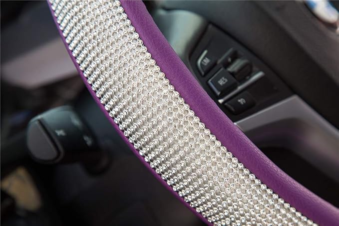 New Diamond Leather Steering Wheel Cover with Bling Bling Crystal Rhinestones, Universal Fit 15 Inch Car Wheel Protector for Women Girls Purple