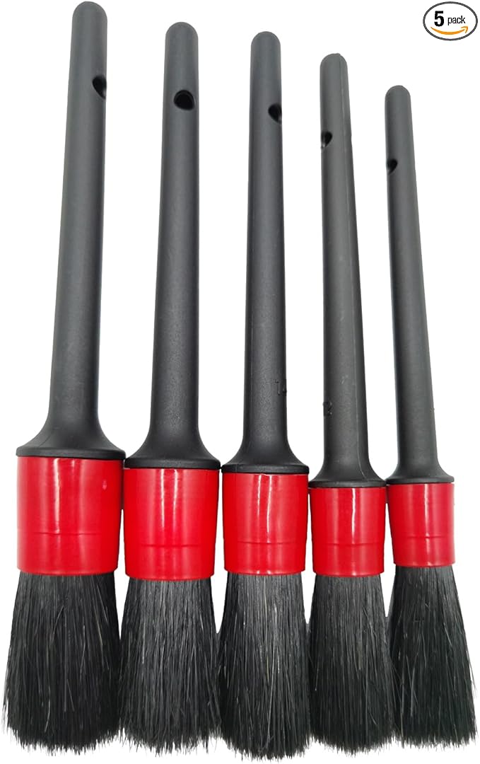 Car Detailing Brush Set of 5 - Soft Boar Hair, Car Cleaning Brush, Wheel Cleaner Brush, Car Dust Brush, Car Interior Leather Seat and Vent Brush, Parts Cleaner Brush