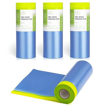 Tangibay Pre-Taped Masking Film for Painting - 44" x 66' Painters Plastic Sheeting with Automotive Paint Tape and Drape for Covering Cars, Walls, Windows and Furniture Protection (4 Rolls)
