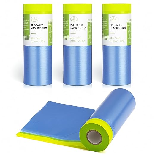 Tangibay Pre-Taped Masking Film for Painting - 44" x 66' Painters Plastic Sheeting with Automotive Paint Tape and Drape for Covering Cars, Walls, Windows and Furniture Protection (4 Rolls)