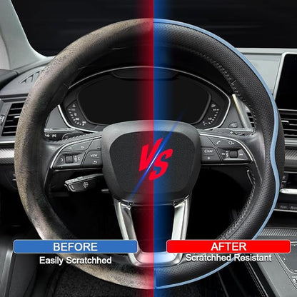 HAOTULE Leather Steering Wheel Cover， with Anti-Slip Stripe Design - Enhanced Grip, Fashion Style, Safe, Non-Slip, Breathable. Upgrade car Interior，Black Blue
