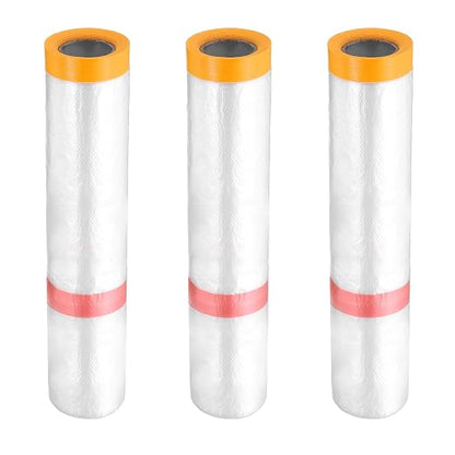 HARFINGTON 3 Rolls Pre-Taped Masking Film 78.7" x32.8ft Double Adhesive Tape and Drape Painters Plastic Drop Cloth Film with Tape Plastic Sheeting for Automotive Painting Covering