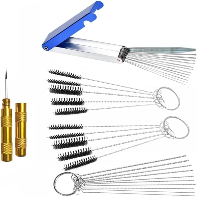 4 Sets Carburetors Carbon Dirt Jet Remove Cleaner Tool Kit, 1 Nozzle Wash Repair Cleaning Needle 1 Stainless Steel Wrench Tool Kit,13 Cleaner Wires Tool 20 Cleaning Needles 10 Nylon Brushes