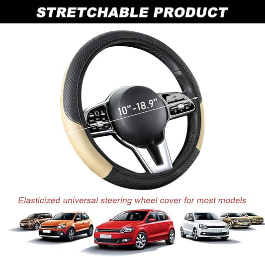 DXNQ Car Steering Wheel Cover, 15 Inch Carbon Fiber Leather Stitching Color Steering Wheel Protector, Anti-Slip Elastic Breathable Steering Wheel Cover Stylish Decor for Most Cars (Beige, AD)