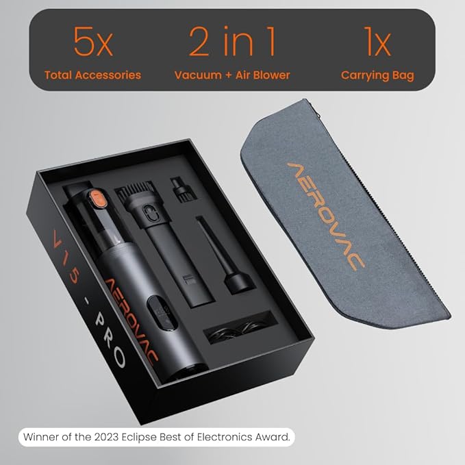 V-15 Pro, Portable Car Vacuum Cleaner, Handheld, HEPA Filter, Rechargeable, Cordless, 16000PA Suction Power, 562g, 0.15L Capacity, with LED Display