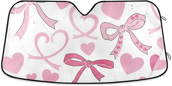 Cars Front Sun Shade Windshield,Foldable Reflective Sun Visor Pink Bows and Hearts White Windshield Sunshade Cover,Blocks UV Ray Sun Protect Interior Keep Cool,55" x 27.6"