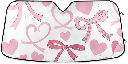 Cars Front Sun Shade Windshield,Foldable Reflective Sun Visor Pink Bows and Hearts White Windshield Sunshade Cover,Blocks UV Ray Sun Protect Interior Keep Cool,55" x 27.6"