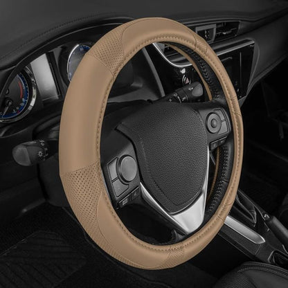 Motor Trend Perforated Microfiber Leather Steering Wheel Cover for Cars Trucks SUVs Vans, Sporty Racing Improved Grip Anti-Fatigue Ergonomic Design, Airbag Compatible - Fits Standard 15" Inch - Beige