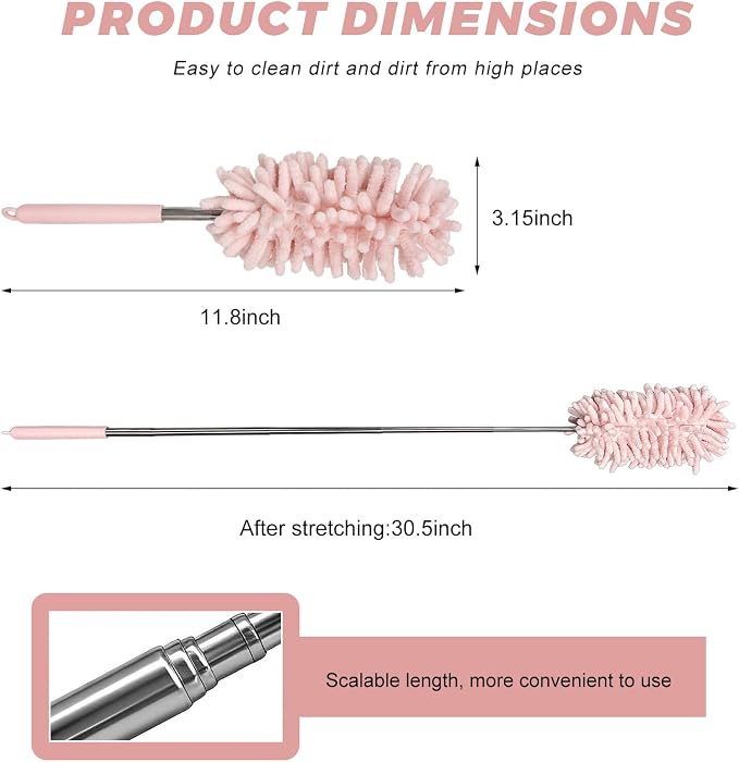 2PCS Car Interior Duster with Extension Pole, 11.8 to 30.5 Inch Retractable Dusters Washable Car Interior Cleaning Brush, Soft Scratch-Free Chenille Auto Dash Vent Window Duster (Light Pink)