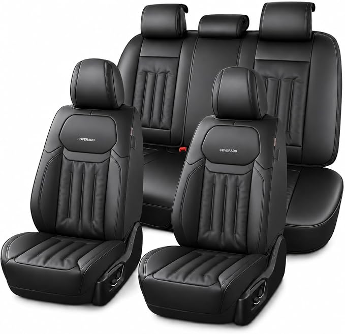 Coverado Car Seat Covers, Seat Covers for Cars 5 Seats, Waterproof Nappa Leather Car Seat Protector Universal Fit for Most Sedans SUV Pick-ups Trucks,Full Set,Black