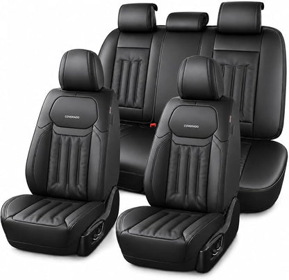 Coverado Car Seat Covers, Seat Covers for Cars 5 Seats, Waterproof Nappa Leather Car Seat Protector Universal Fit for Most Sedans SUV Pick-ups Trucks,Full Set,Black