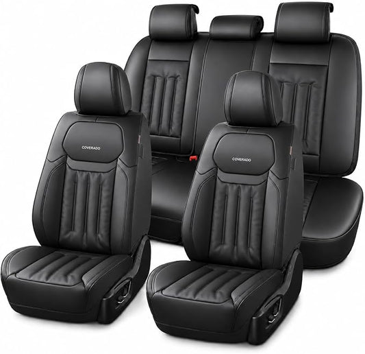 Coverado Car Seat Covers, Seat Covers for Cars 5 Seats, Waterproof Nappa Leather Car Seat Protector Universal Fit for Most Sedans SUV Pick-ups Trucks,Full Set,Black