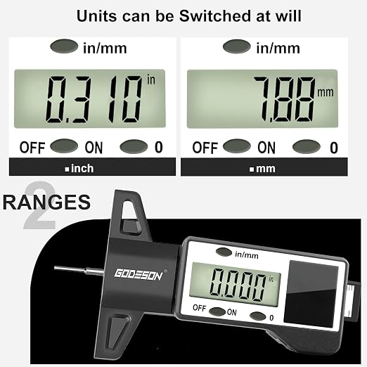 GODESON Digital Tire Tread Depth Gauge, Solar & Battery Power,1" / 25.4mm Range, Inch/MM Display, Black Universal Tire Wear Depth Gauge for All Vehicles (Car, Truck, SUV)