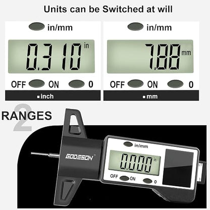 GODESON Digital Tire Tread Depth Gauge, Solar & Battery Power,1" / 25.4mm Range, Inch/MM Display, Black Universal Tire Wear Depth Gauge for All Vehicles (Car, Truck, SUV)