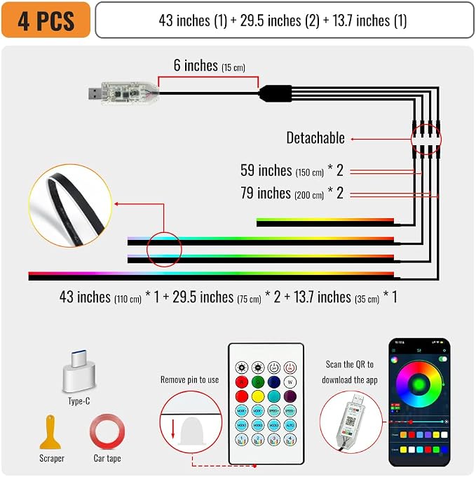 Ambient Lighting Car Led Lights Interior with APP, USB Powered Acrylic Neon Flexible Strip Fiber Optic LED Ambient Lighting kit,4 in 1 Car Center Console Dashboard RGB Sound Active Music Lights Sync