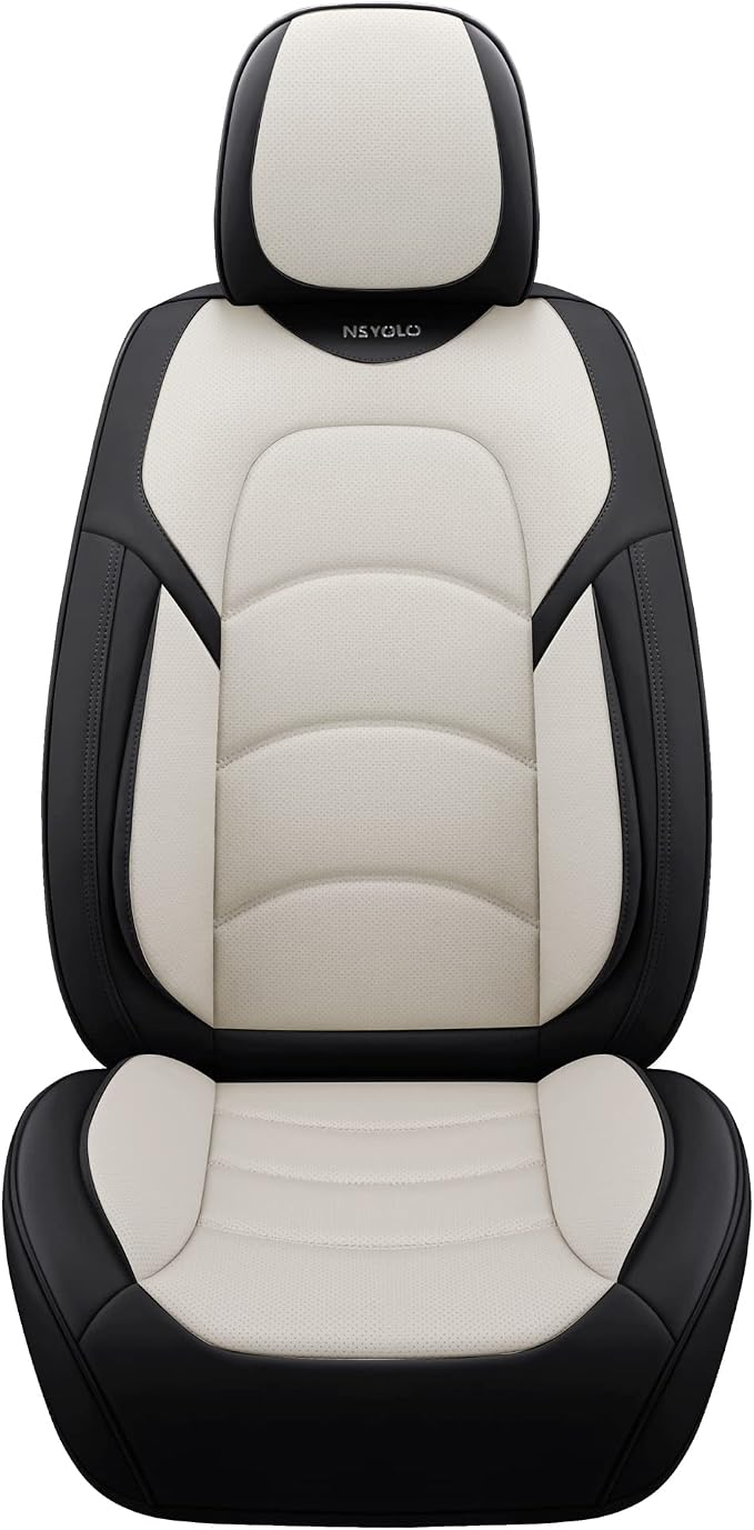 NS YOLO Full Coverage Car Seat Covers Universal Fit for Cars SUVs Pick-up Trucks with Waterproof Leatherette in Automotive Vehicle Interior Accessories (Black and White, Front Pair)