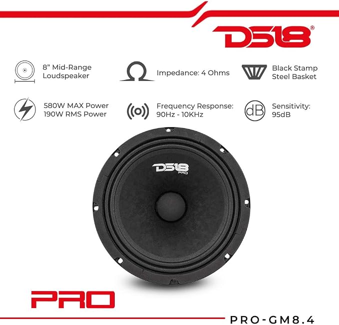 DS18 PRO-GM8.4 Loudspeaker - 8", Midrange, Black Steel Basket, 580W Max, 190W RMS, 4 Ohms - Premium Quality Audio Door Speakers for Car or Truck Stereo Sound System (1 Speaker)