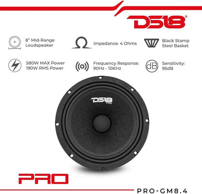 DS18 PRO-GM8.4 Loudspeaker - 8", Midrange, Black Steel Basket, 580W Max, 190W RMS, 4 Ohms - Premium Quality Audio Door Speakers for Car or Truck Stereo Sound System (1 Speaker)