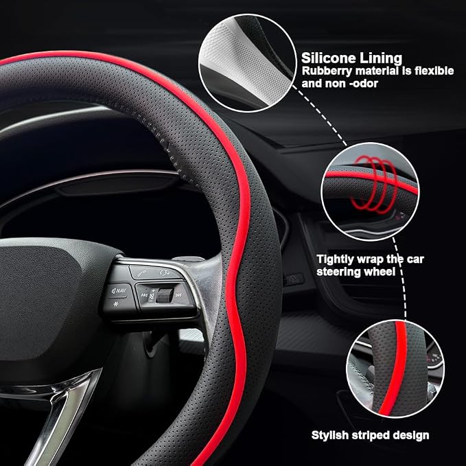 HAOTULE Leather Steering Wheel Cover， with Anti-Slip Stripe Design - Enhanced Grip, Fashion Style, Safe, Non-Slip, Breathable. Upgrade car Interior，Black red