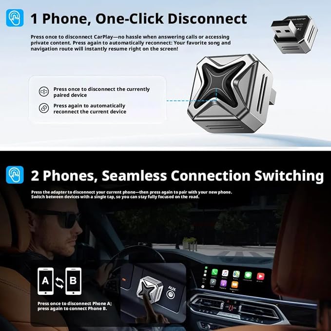 Wireless CarPlay Adapter 2-in-1 for Apple CarPlay & Android Auto CNC Aluminum Mini Design Dual Phone Switching Auto Pairing Plug & Play Stable Low Latency Universal Compatibility