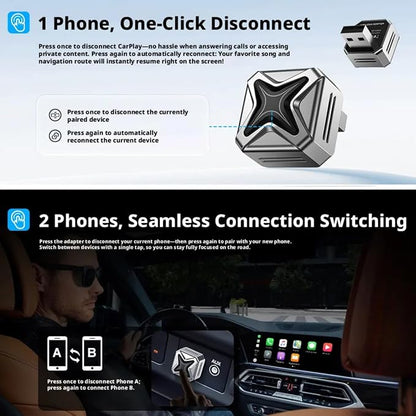 Wireless CarPlay Adapter 2-in-1 for Apple CarPlay & Android Auto CNC Aluminum Mini Design Dual Phone Switching Auto Pairing Plug & Play Stable Low Latency Universal Compatibility