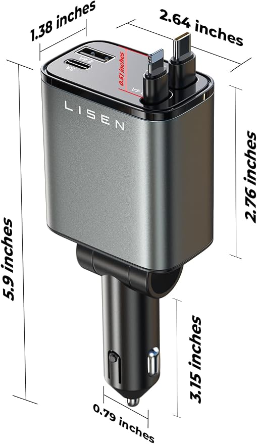 LISEN Retractable Car Charger, [2026 Upgrade 50 inch ] Long 4 in 1 Retractable Cable Car Charger, USB C Car Charger Fast Charging for iPhone 17 16 15 14 13 12 11 X Pro Max Plus Mini, Samsung S26 | Multiple Ports Car Charger, Retractable Car Charger Fas...