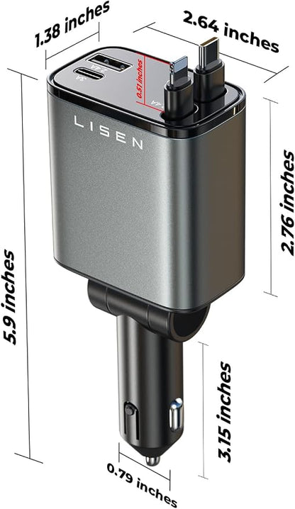LISEN Retractable Car Charger, [2026 Upgrade 50 inch ] Long 4 in 1 Retractable Cable Car Charger, USB C Car Charger Fast Charging for iPhone 17 16 15 14 13 12 11 X Pro Max Plus Mini, Samsung S26 | Multiple Ports Car Charger, Retractable Car Charger Fas...