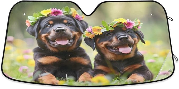 Windshield Sun Shade Rottweiler Dog Puppy Front Window Block UV Shades Visor Reflective Retractable for Car SUV Trucks
