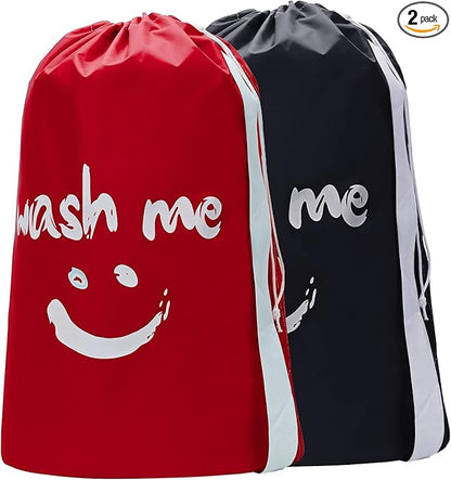 HOMEST 2 Pack XL Wash Me Travel Laundry Bag with Strap, Dirty Garments Organizer, Large Enough to Hold 4 Loads of Clothes, Easy Fit a Hamper or Clothing Basket, Black and Red