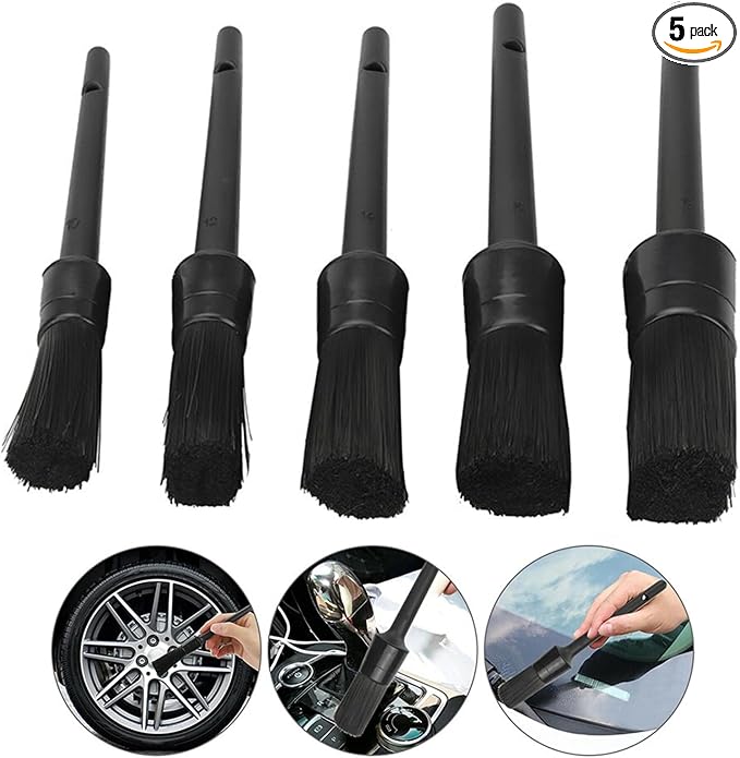 Auto Detailing Brushes - 5 Pcs | Long Bristles, No Scratches, 5 Boar Hair Car Cleaning Brush Kit with Plastic Grip for Vehicle Dashboard, Air Vents, Interior, Exterior, Engine &Wheels