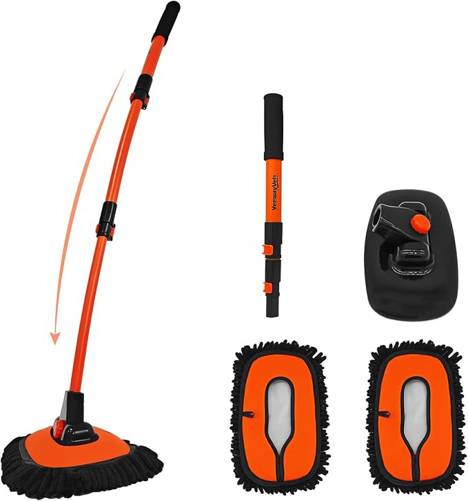 YeewayVeh Car Wash Brush, 43" Extendable Car Wash Brush Mop with Long Handle, 15 Degree Curved Soft Car Washing Brushes with Extra Microfiber Brush Head for Truck SUV Cleaning, Orange