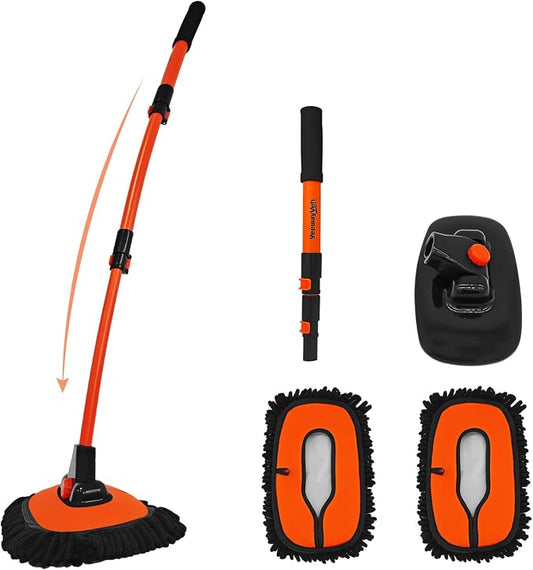 YeewayVeh Car Wash Brush, 43" Extendable Car Wash Brush Mop with Long Handle, 15 Degree Curved Soft Car Washing Brushes with Extra Microfiber Brush Head for Truck SUV Cleaning, Orange