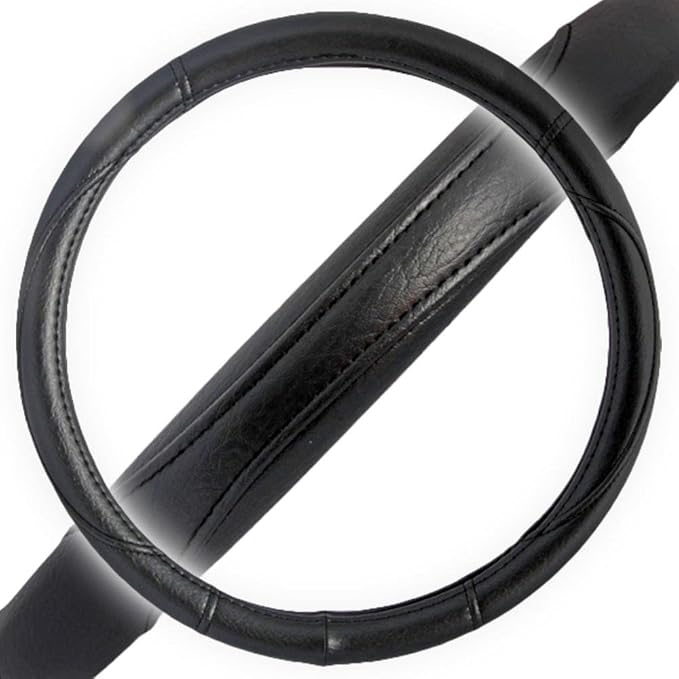 BDK Ergonomic Grip Steering Wheel Cover - Leather Performance Grip for Standard Size Wheels 14.5-15 inch Black